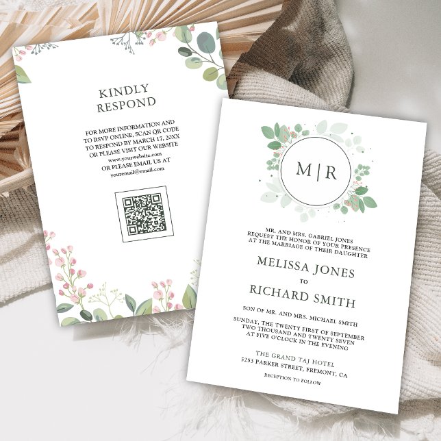 Convites Código QR de casamento com folhagem de eucalipto (Criador carregado)