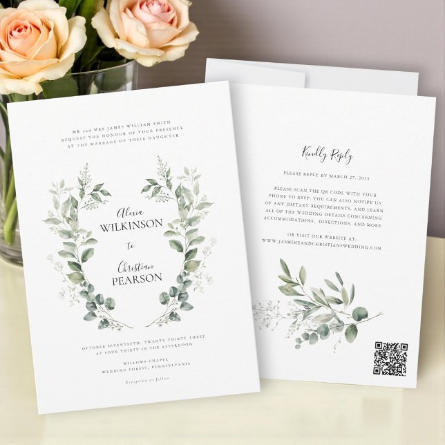 Convites Código QR de casamento com folhagem de eucalipto t (Criador carregado)