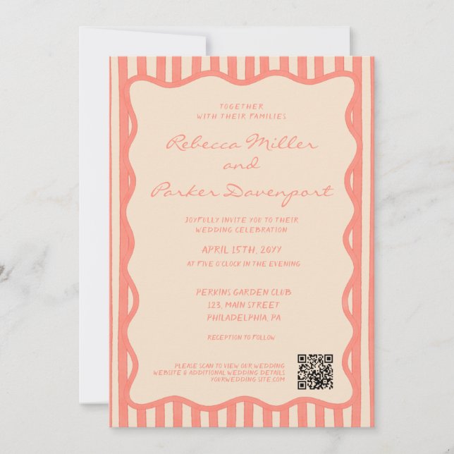 Convites Código QR de casamento com listras pintadas capric (Frente)