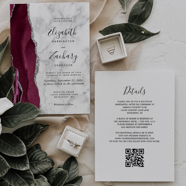 Convites Código QR de Casamento com Mármore de Ágata Pratea (Criador carregado)