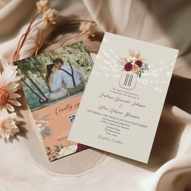 Convites Código QR de Casamento com Monograma Boho (Criador carregado)