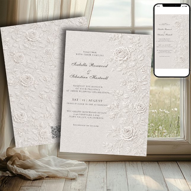 Convites Código QR de casamento com rosa em marfim falso re (Criador carregado)