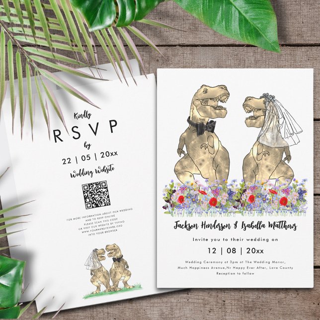 Convites Código QR de Casamento com Tema de Dinossauro (Dinosaur wedding QR code invitation T-Rex bride and groom in colorful prehistoric wildflower meadow)