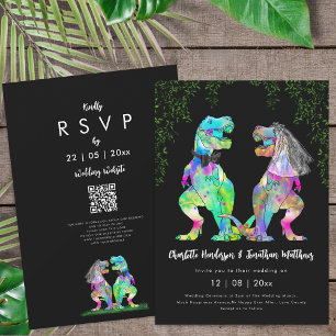 Convites Código QR de casamento com tema de dinossauro colo