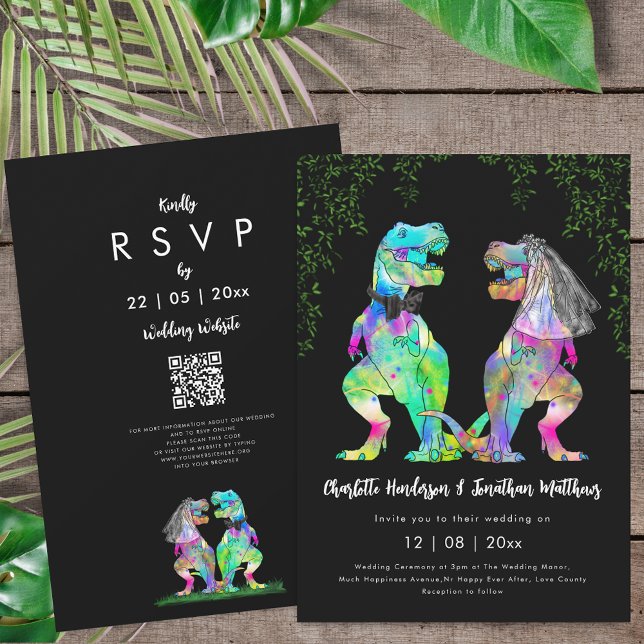 Convites Código QR de casamento com tema de dinossauro colo (Colorful T-Rex bride and groom dinosaur black white wedding qr code invitation T-Rex bride and groom)
