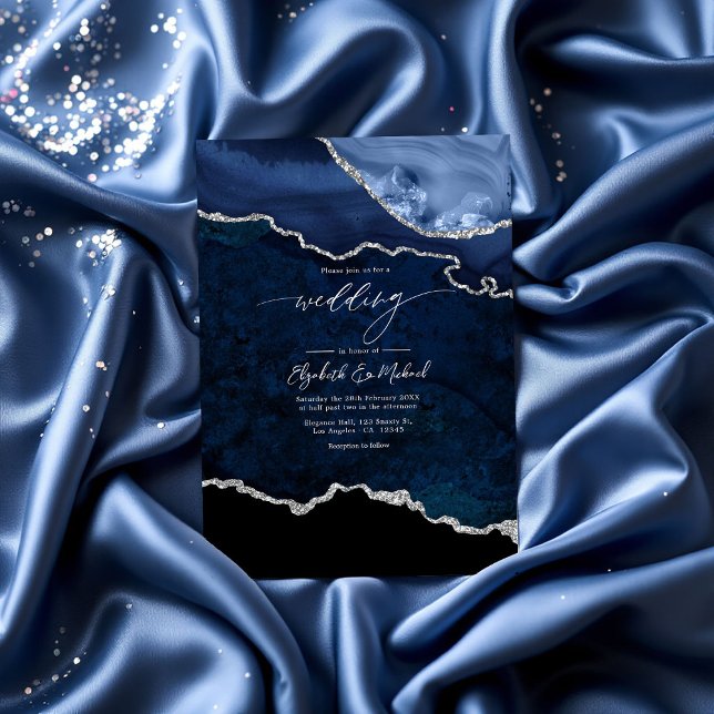 Convites Código QR de Casamento de Agato de Marinho Azul e  (Elegant Navy Blue and Silver Agate Wedding QR Code Invitation)