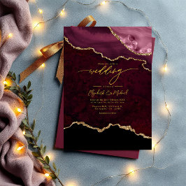 Convites Código QR de Casamento de Agato Dourado e Borgonha