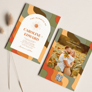 Convites Código Qr de Casamento de Boho Colorido de Onda Co