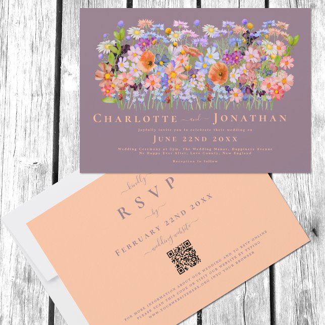 Convites Código QR de Casamento de Boho de Flor Selvagem Co (Colorful Wildflower meadow boho peach fuzz wedding invitation with QR Code online RSVP)