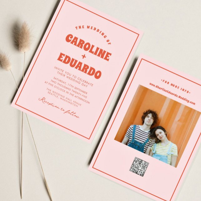 Convites Código Qr de Casamento de Boho Vermelho Cor-de-Ros (Criador carregado)