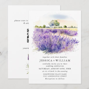 Convites Código QR de casamento de campo de flores de lavan