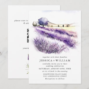 Convites Código QR de casamento de campo de flores de lavan