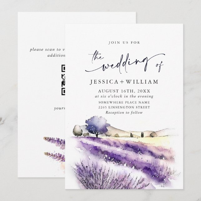 Convites Código QR de casamento de campo de lavanda roxa em (Frente/Verso)