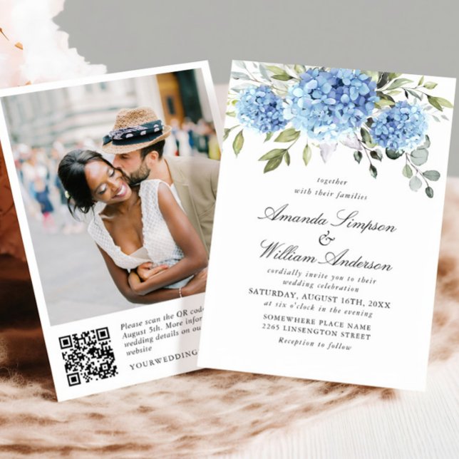 Convites Código QR de Casamento de Casamento de Hydrangea B (Criador carregado)