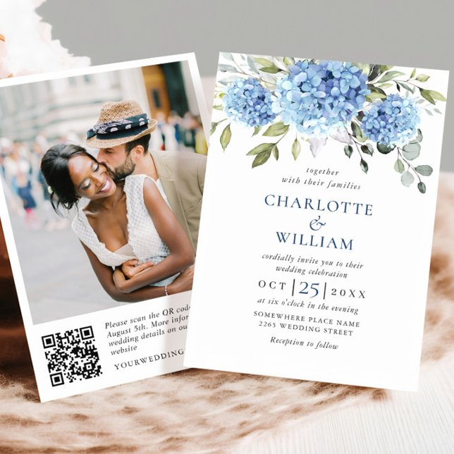 Convites Código QR de Casamento de Casamento de Hydrangea B (Criador carregado)