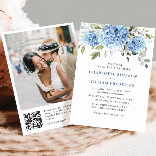 Convites Código QR de Casamento de Casamento de Hydrangea B (Criador carregado)