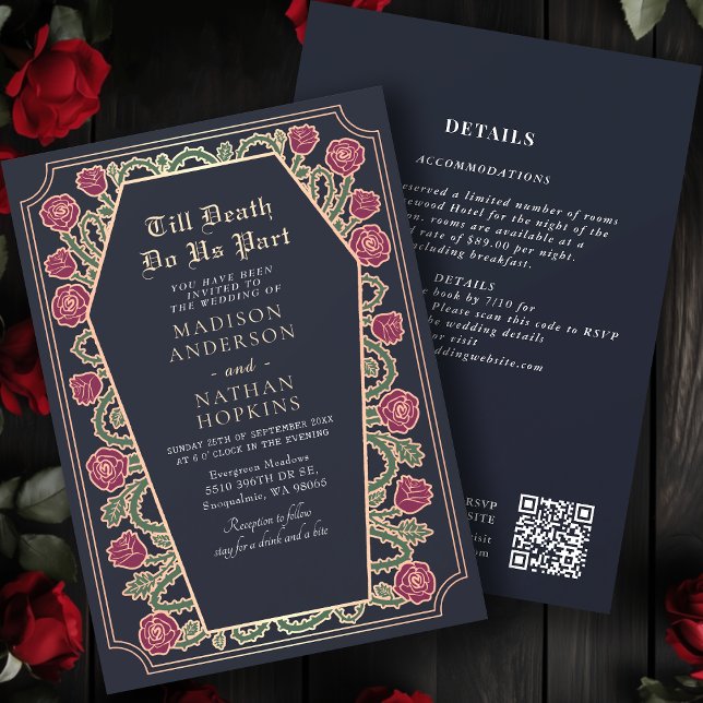 Convites Código QR de Casamento de Casamento Gótico Azul ro (Criador carregado)