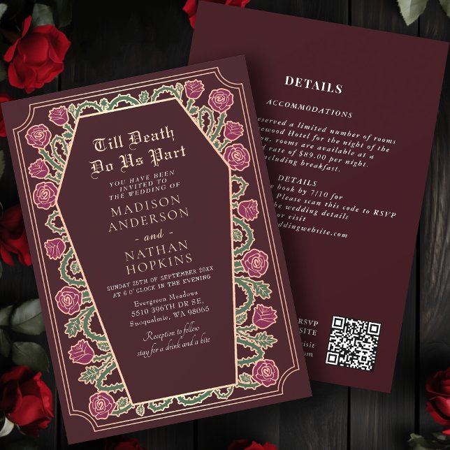 Convites Código QR de Casamento de Casamento Gótico Vermelh (Criador carregado)