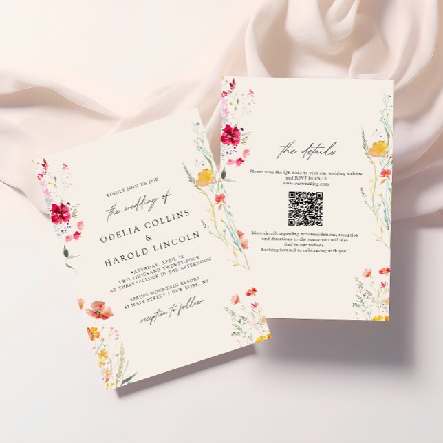 Convites Código QR de Casamento de Creme de Flor Selvagem C (Criador carregado)