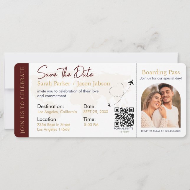 Convites Código QR de Casamento de Destino de Embarque (Frente)