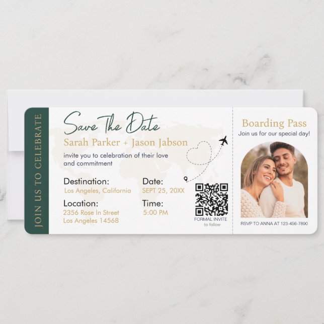 Convites Código QR de Casamento de Destino de Embarque (Frente)
