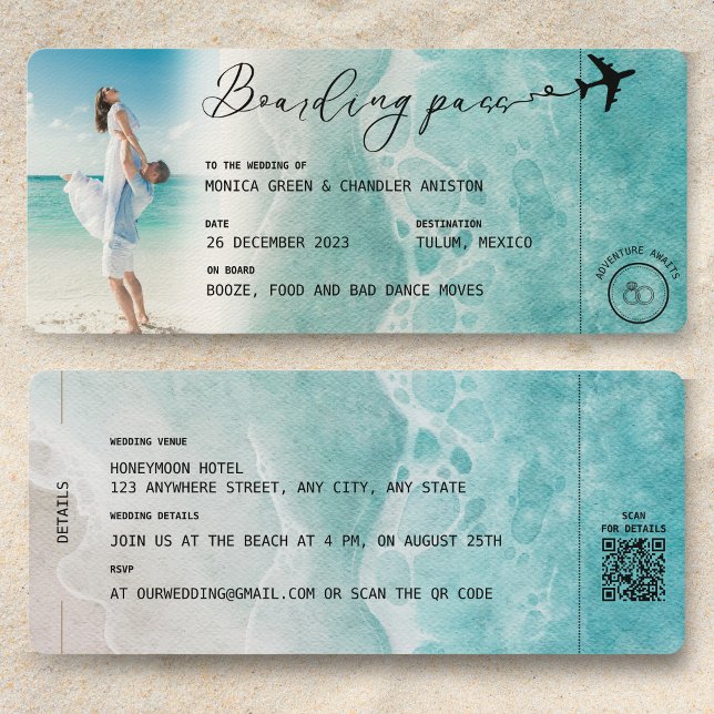 Convites Código QR de Casamento de Destino de Embarque Oceâ (QR code Wedding Invitation Boarding Pass Ocean Beach)