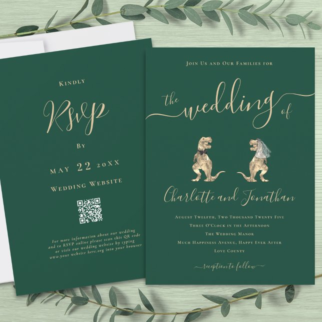 Convites Código QR de Casamento de Dinossauro (T-Rex bride and groom funny dinosaur wedding dark green qr code invitation Elegant script)