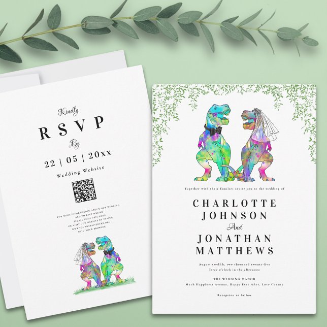 Convites Código QR de Casamento de Dinossauro (Botanical dinosaur wedding invitation with qr code and watercolor eucalyptus foliage)