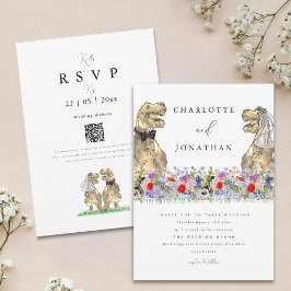 Convites Código QR de Casamento de Dinossauro Boho Flor Sil