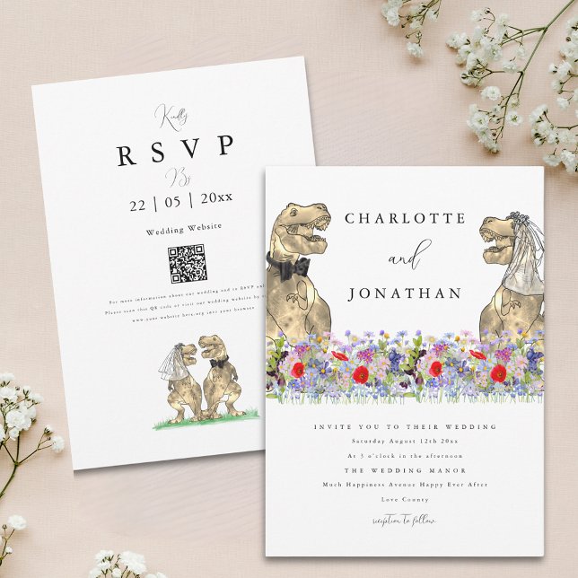 Convites Código QR de Casamento de Dinossauro Boho Flor Sil (Boho wildflower dinosaur wedding invitation with watercolor summer florals and qr code)