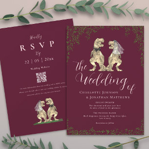 Convites Código QR de Casamento de Dinossauro Burgundy e Ro