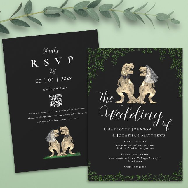 Convites Código QR de Casamento de Dinossauro Elegante Pret (T-Rex bride and groom funny dinosaur black and white wedding invitation)