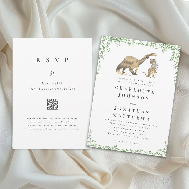 Convites Código QR de Casamento de Dinossauro Engraçado (Funny dinosaur bride and groom Jurassic wedding qr code invitation Watercolor foliage elegant script)