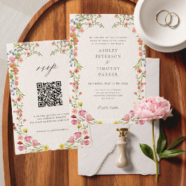 Convites Código QR de Casamento de Flor Selvagem de Jardim