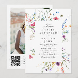 Convites Código QR de casamento de flores silvestres em aqu