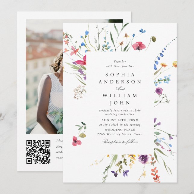Convites Código QR de casamento de flores silvestres em aqu (Frente/Verso)