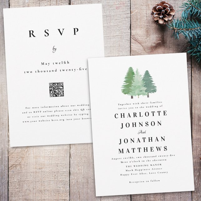 Convites Código QR de Casamento de Floresta Florestal em Fo (Modern simple watercolor woodland evergreen forest wedding qr code invitation Elegant typography )