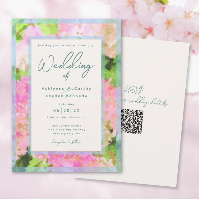 Convites Código QR de Casamento de Jardim de Hortênsias Ros (Criador carregado)