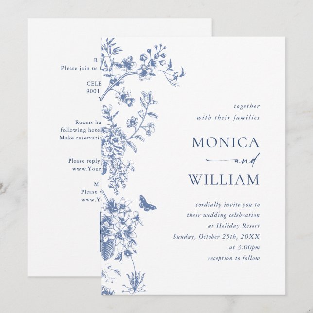 Convites Código QR de Casamento de Jardim Francês Azul Eleg (Frente/Verso)