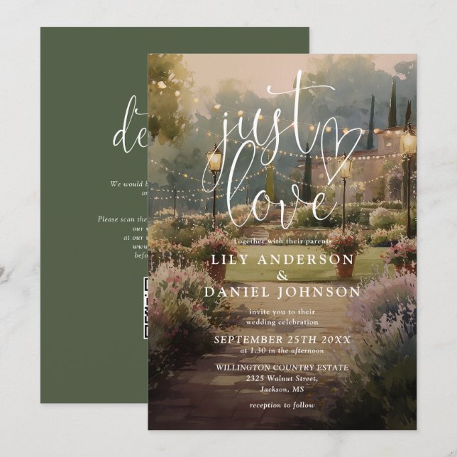Convites Código QR de Casamento de Jardim Rústico Just Love (Frente/Verso)