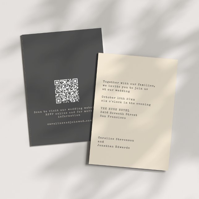 Convites Código QR de Casamento de Máquina de Escrever Crem (Criador carregado)