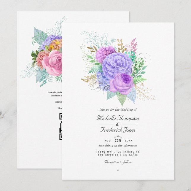 Convites Código QR de Casamento de Mola Floral Rsvp (Frente/Verso)