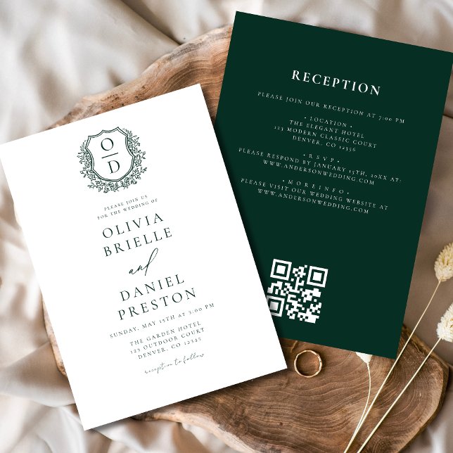 Convites Código QR de Casamento de Monograma Floral de Emer (Criador carregado)