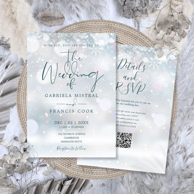 Convites Código QR de Casamento de Neve do País das Maravil (Winter Wonderland QR Code Snow Wedding Invitation)