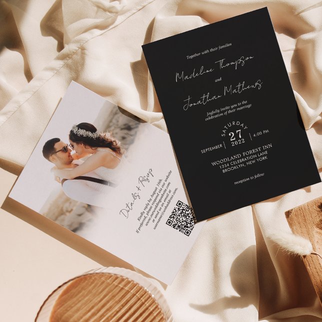 Convites Código QR de Casamento de Orçamento de Foto Preto  (Criador carregado)