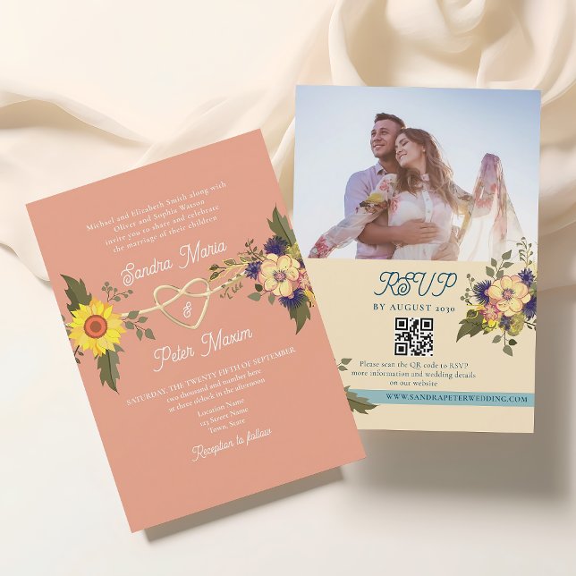 Convites Código QR de Casamento de Pêssego Floral (Criador carregado)