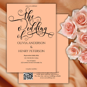 Convites Código QR de Casamento de Pêssego Romântico Elegan