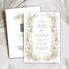 Convites Código QR de Casamento de Primavera com Flores Sil