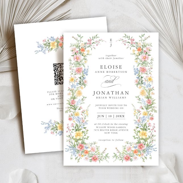 Convites Código QR de Casamento de Primavera com Flores Sil (Soft Pastel Ornate Spring Garden Floral QR code Wedding invitation)