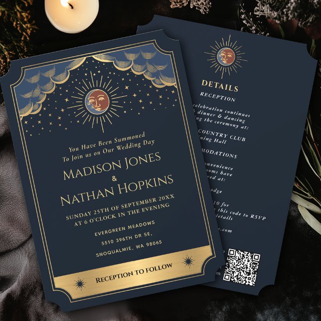 Convites Código QR de Casamento de Sun Moon Tarot, Dourado  (Criador carregado)